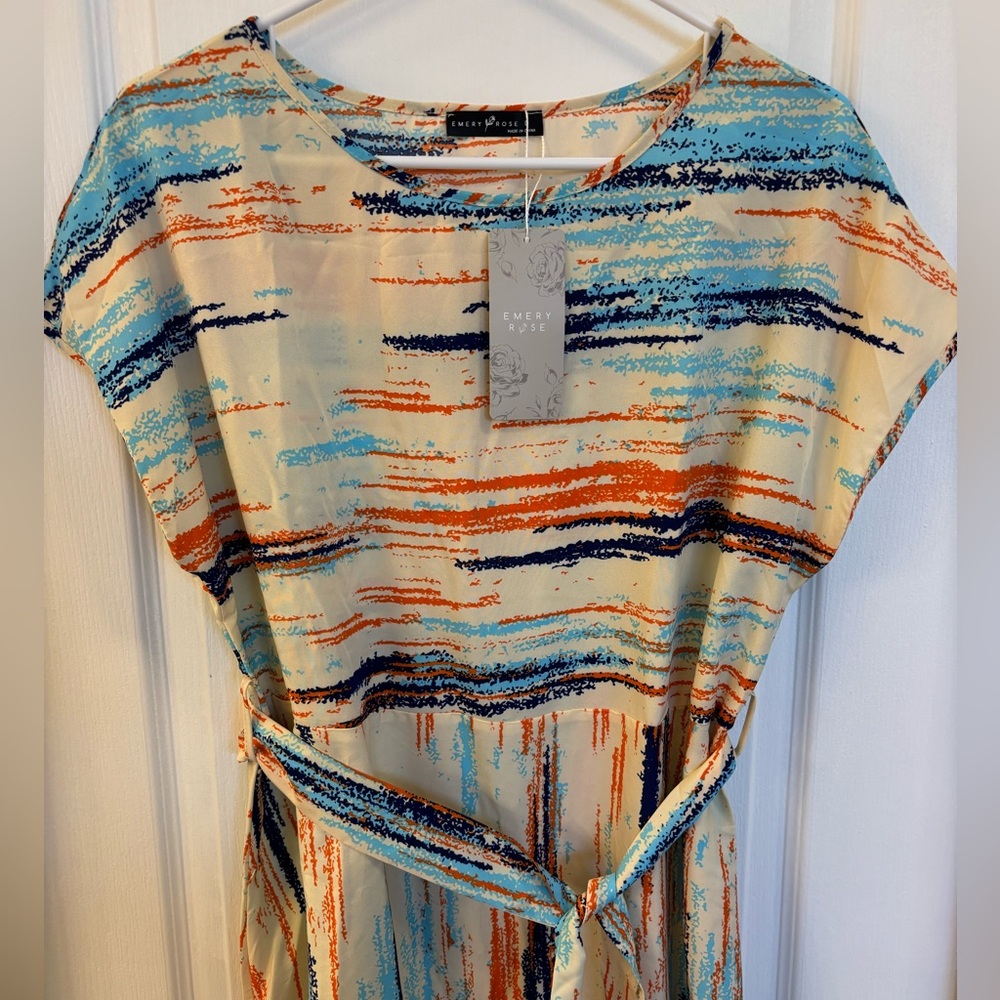 NWT Women’s Size Large Emery Rose Cream Colored Dress w/Blue & Orange Designs - Picture 2 of 8